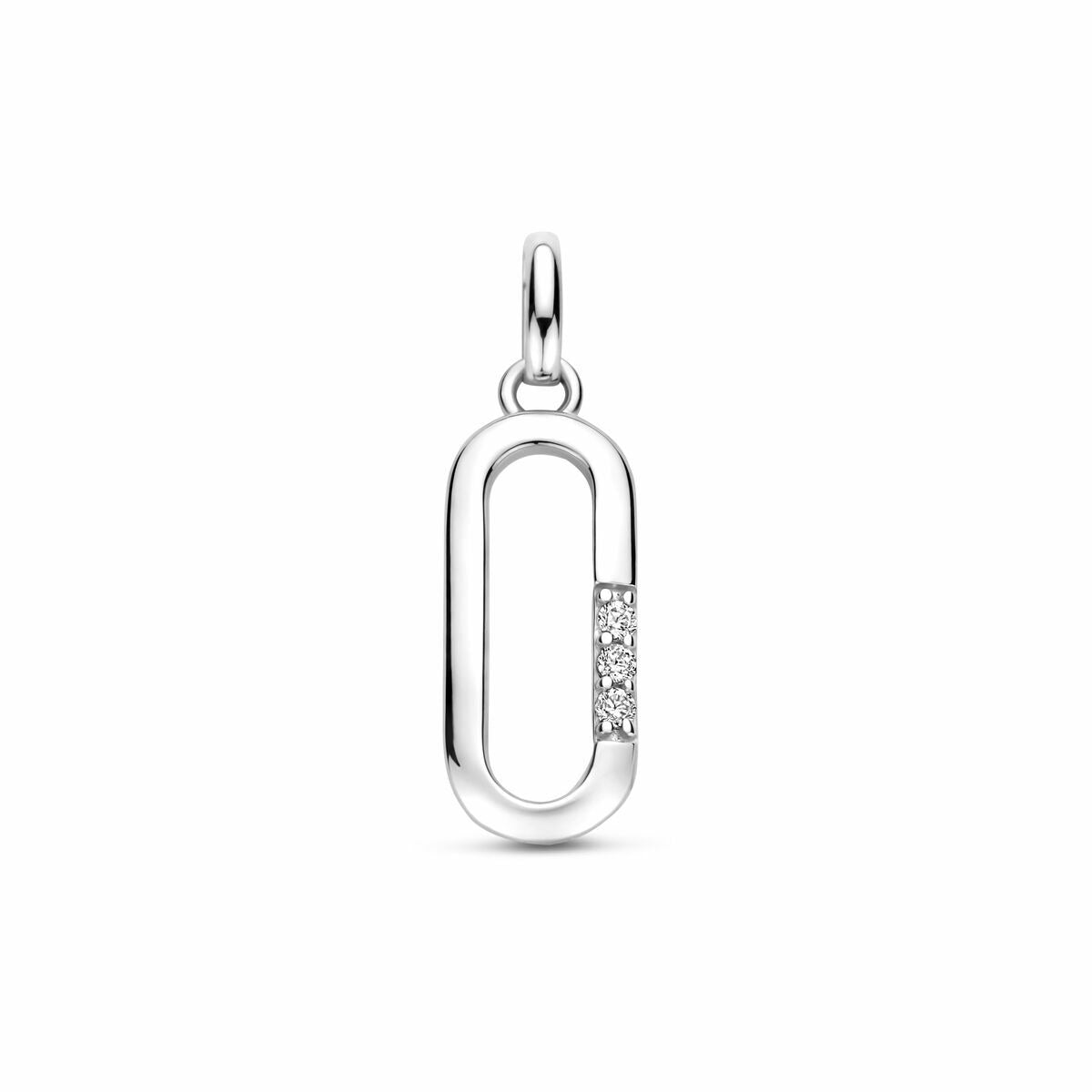 Silberner Anhänger mit Zirkonia in Entouragefassung, 20 mm lang, ovaler Form.