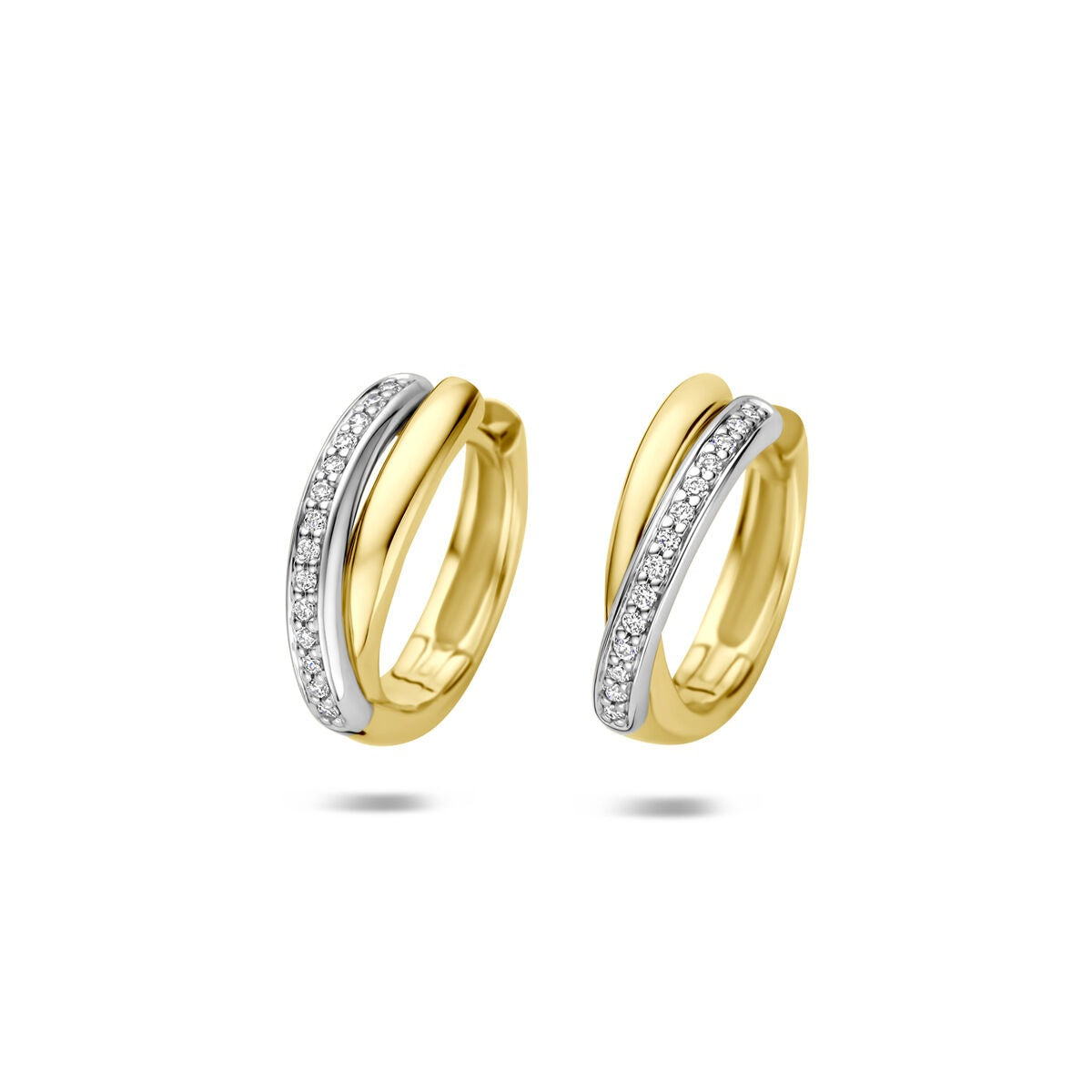 Klapp-Ohrringe aus 14 Karat Bicolor mit einem glänzenden, goldenen und silbernen Teil sowie Diamanten von 0,09 ct