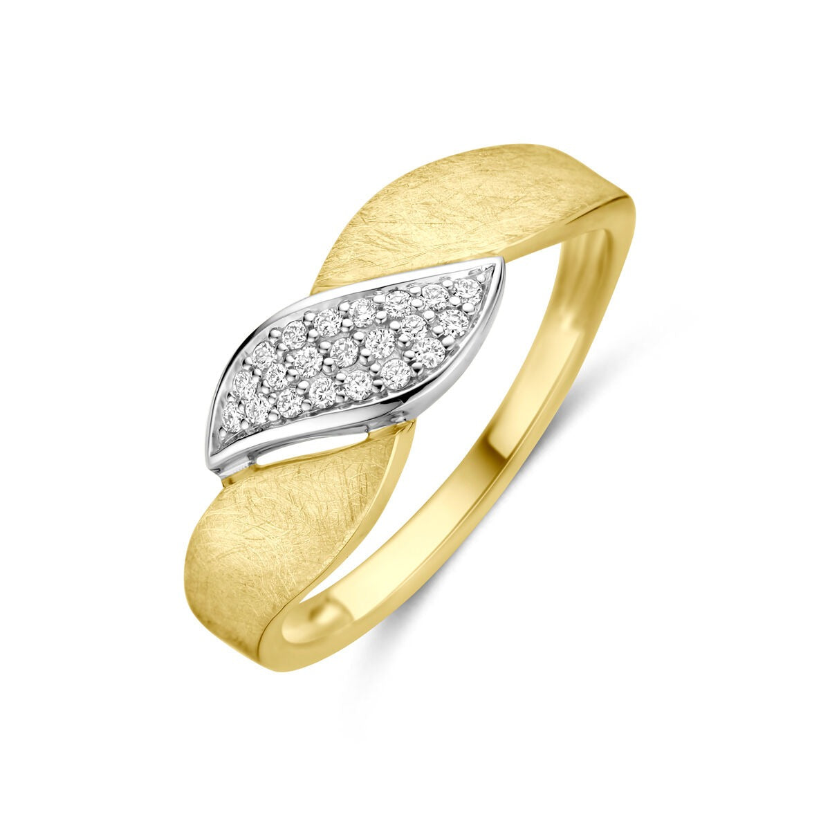 Ring aus 14K bicolor Gold mit mattem, gelbem Band und glänzendem, weißen Teil mit 0,08 ct Diamanten