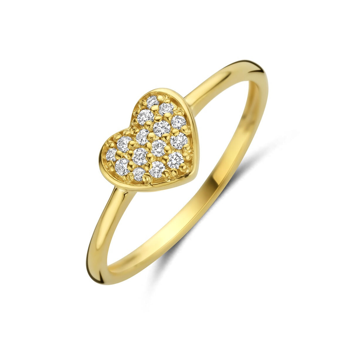 Damenring aus 14k Gelbgold mit herzförmigem Kopf und 10 funkelnden Diamanten