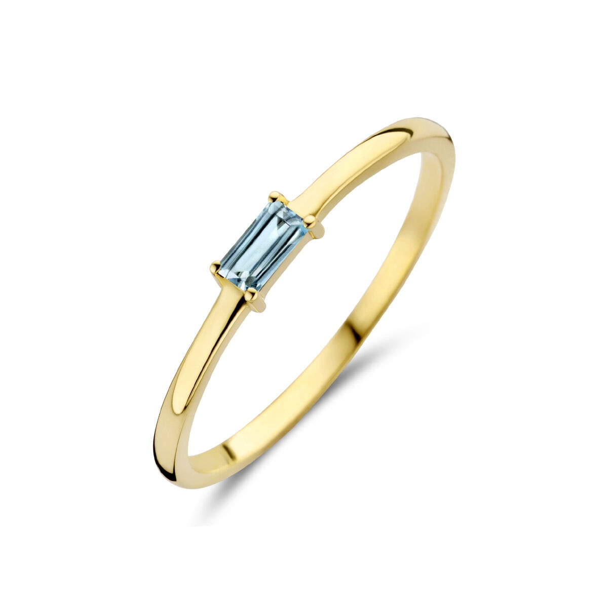 Ring aus 14k Gelbgold mit baguettegeschliffenem Aquamarin in der Mitte