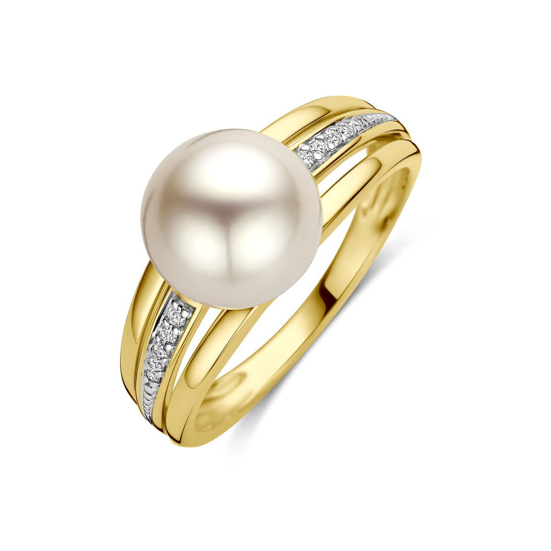 14k Geelgouden ring met parel en diamant