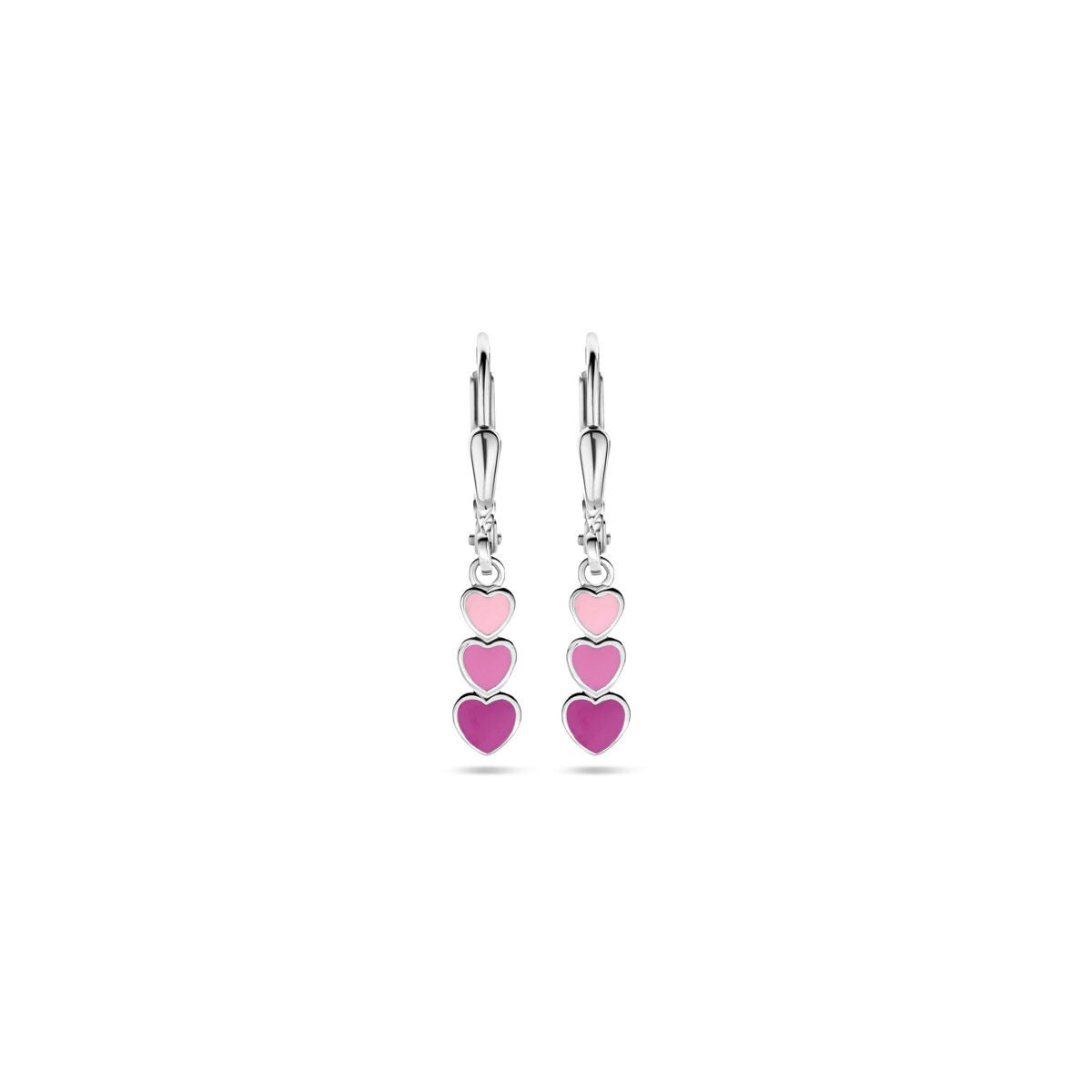 Klapp-Ohrringe aus rhodiniertem 925 Silber mit bunten Emaille-Herzen in Rosa und Lila