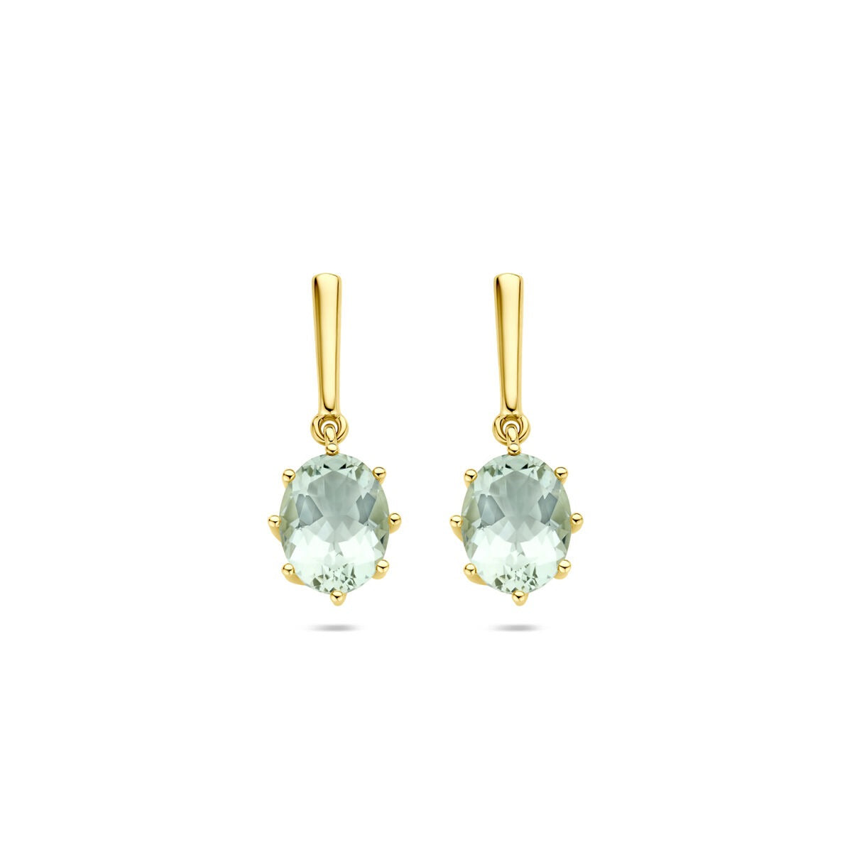 Ohrhänger aus 14k Gelbgold mit oval geschliffenem, grünem Amethyst und Krappenfassung