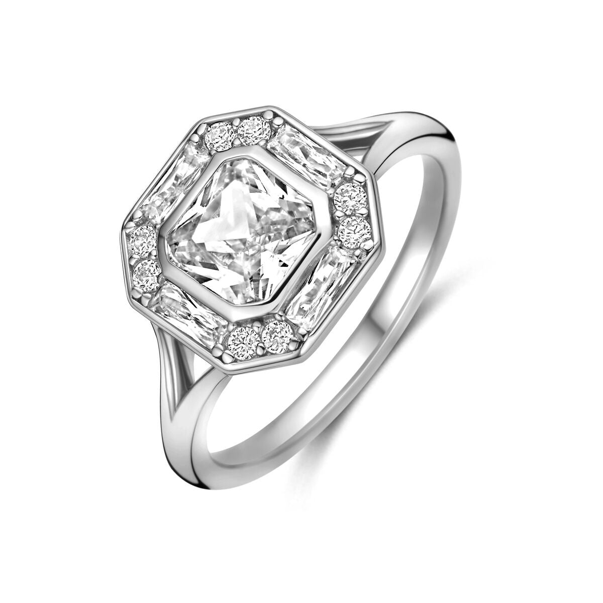 Ring aus rhodiniertem 925 Silber mit Zirkonia-Umrandung und quadratischem Zirkonia in der Mitte