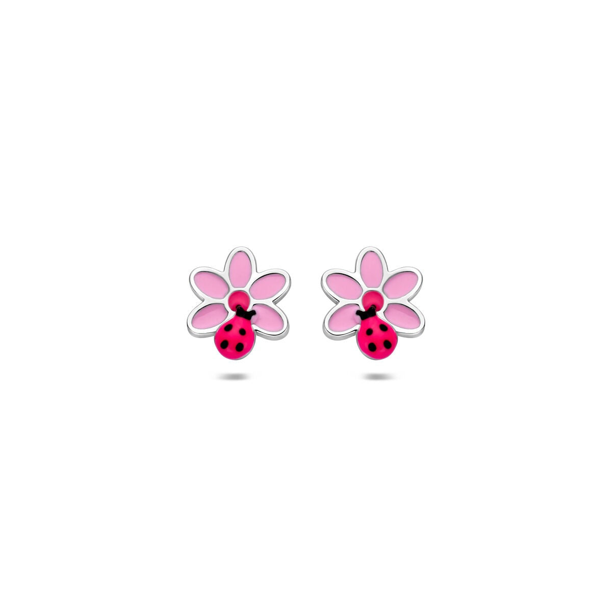 Gerhodineerte 925 Silber Kinderohrringe mit pinken Blumen und Marienkäfer