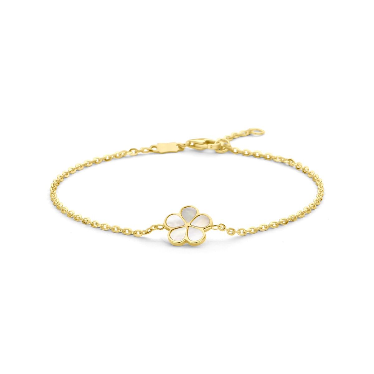 Goldenes Damenarmband 14k mit Perlmuttblüte und feinen, goldenen Kugeln