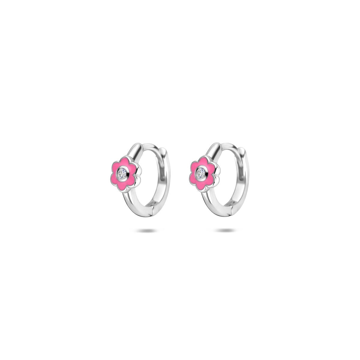 Gerhodinierte Klapp-Ohrringe aus 925 Silber mit pinker Blume und einem klaren Edelstein