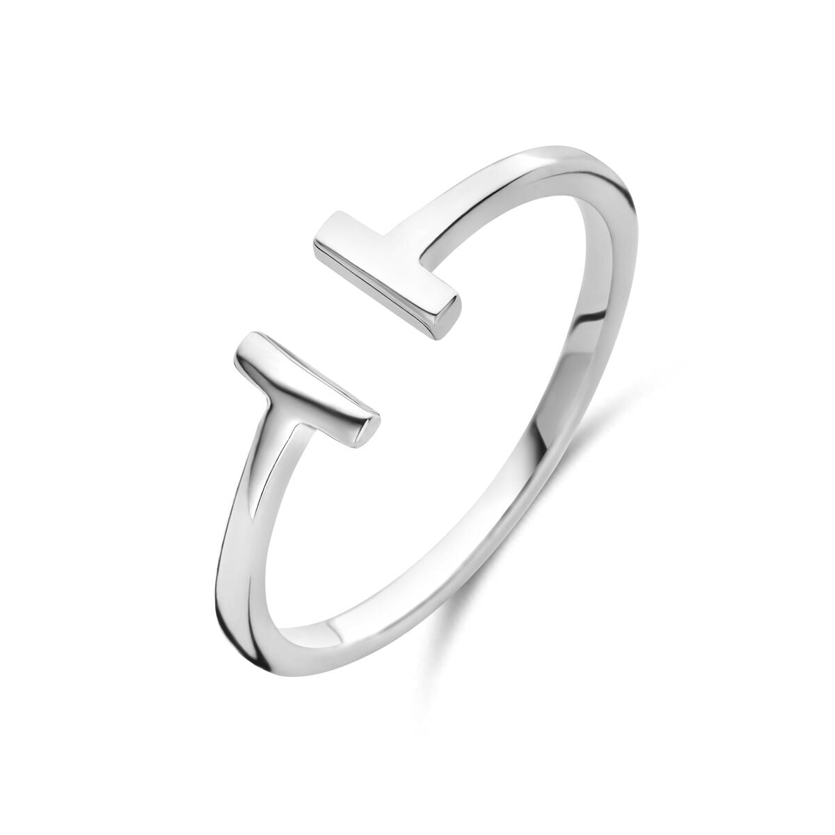 Ring aus rhodiniertem Silber mit einer Breite von 5,5 mm und minimalistischer, offener Form