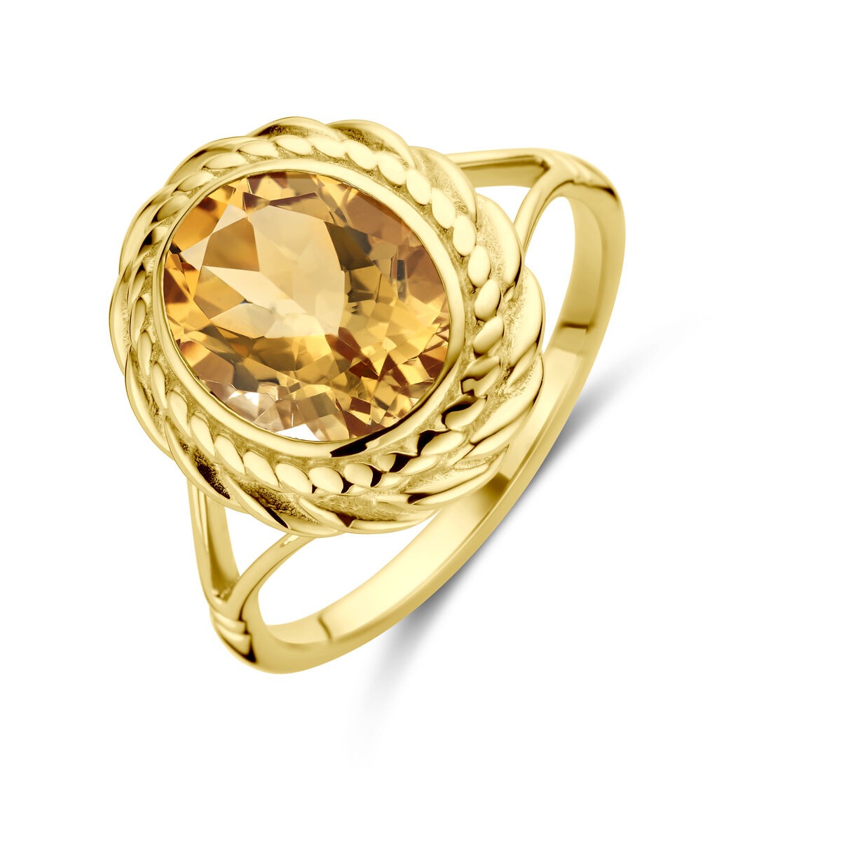 Ring aus 14 Karat Gold mit ovalem Citrin in Briolette-Schliff und geflochtenem Design