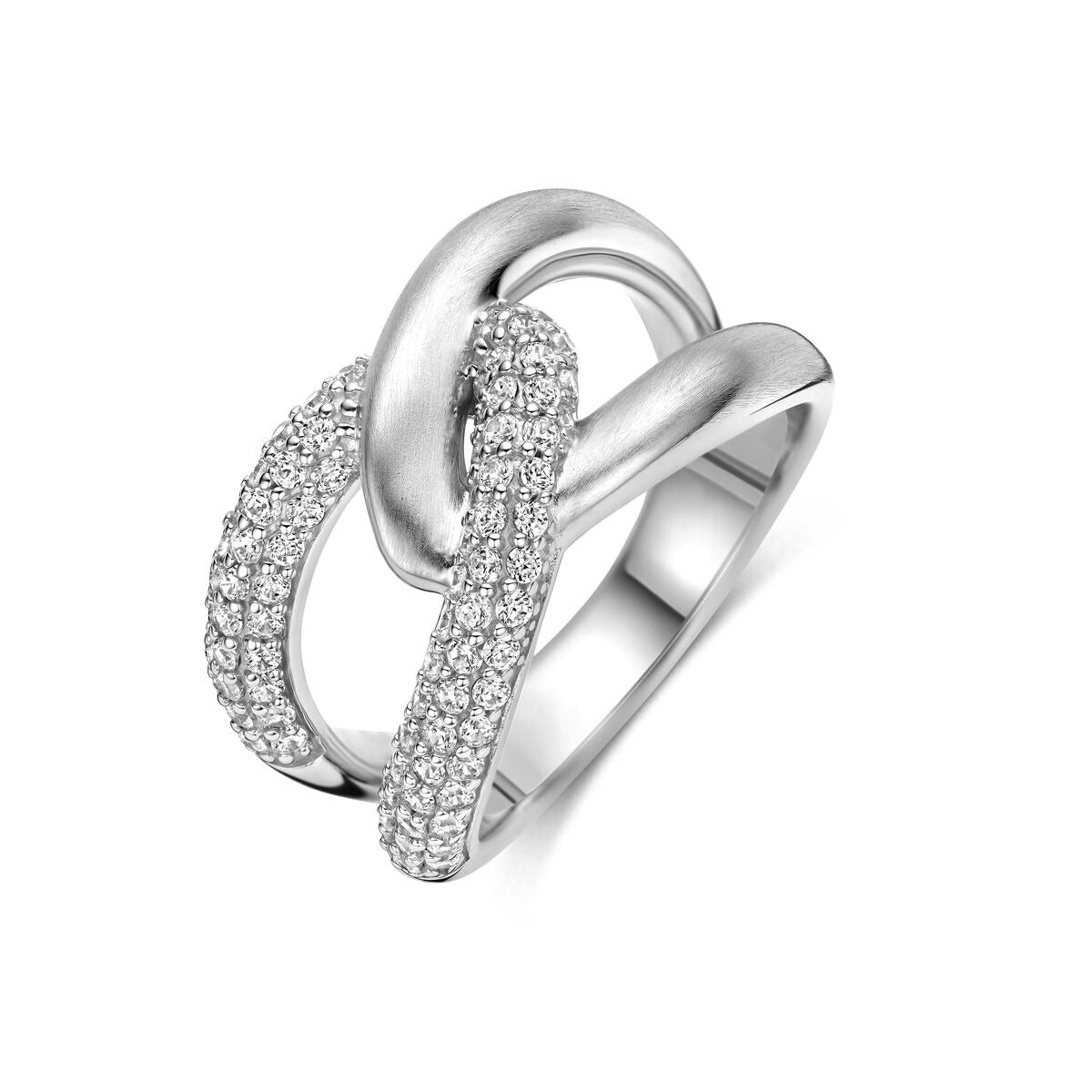 Ring aus rhodiniertem 925er Silber mit Pavé-Zirkonia und geschwungenem Design