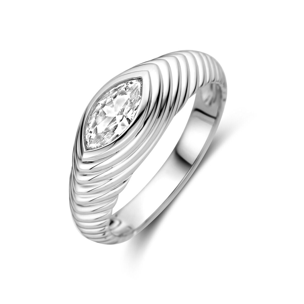 Damenring aus rhodiniertem 925 Silber mit markisenförmigem Zirkonia und gewelltem Design