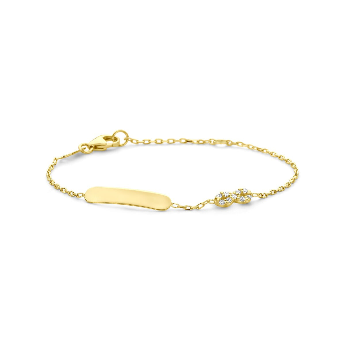 Goldenes Gravurarmband 14k mit Infinity-Symbol und Zirkonia, feine Kinderarmband mit Karabinerverschluss