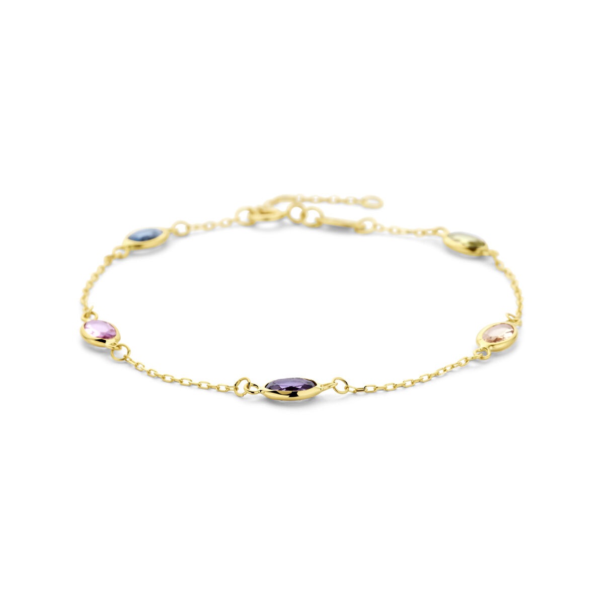 14k gelbgoldene Armband mit synthetischen Edelsteinen in verschiedenen Farben