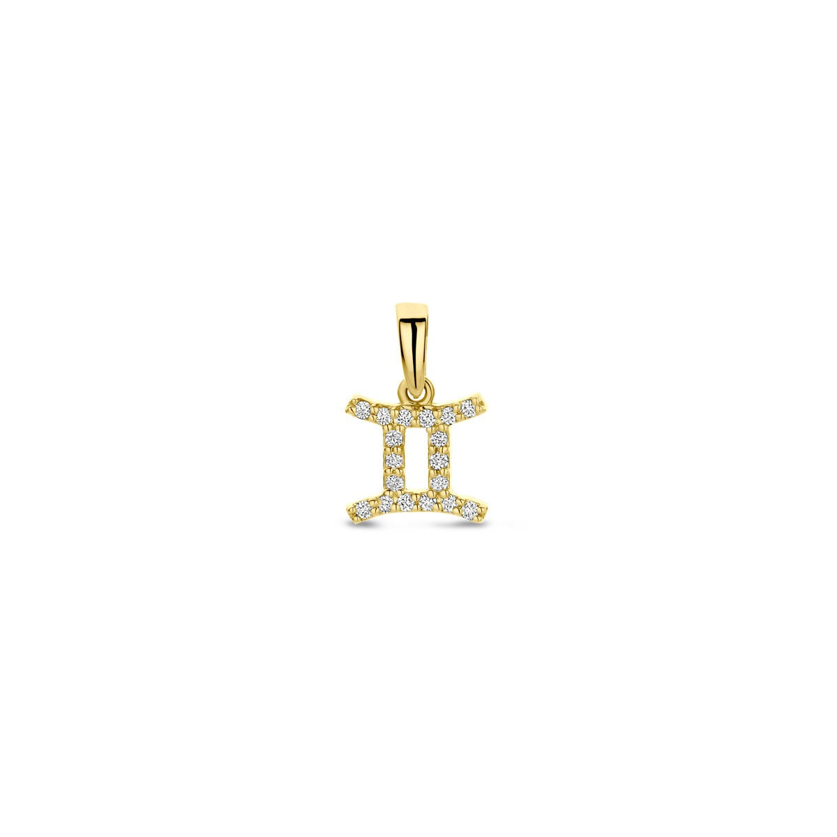 Sternzeichen-Anhänger aus 14k Gelbgold mit funkelnden Diamanten in Form des Zwillingszeichens