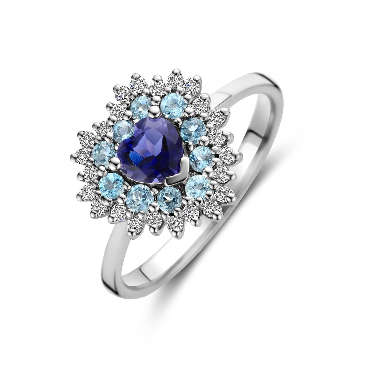 Ring aus Weißgold mit herzförmigem London Blue Topas, Iolith und Diamanten, umgeben von blauen Steinen
