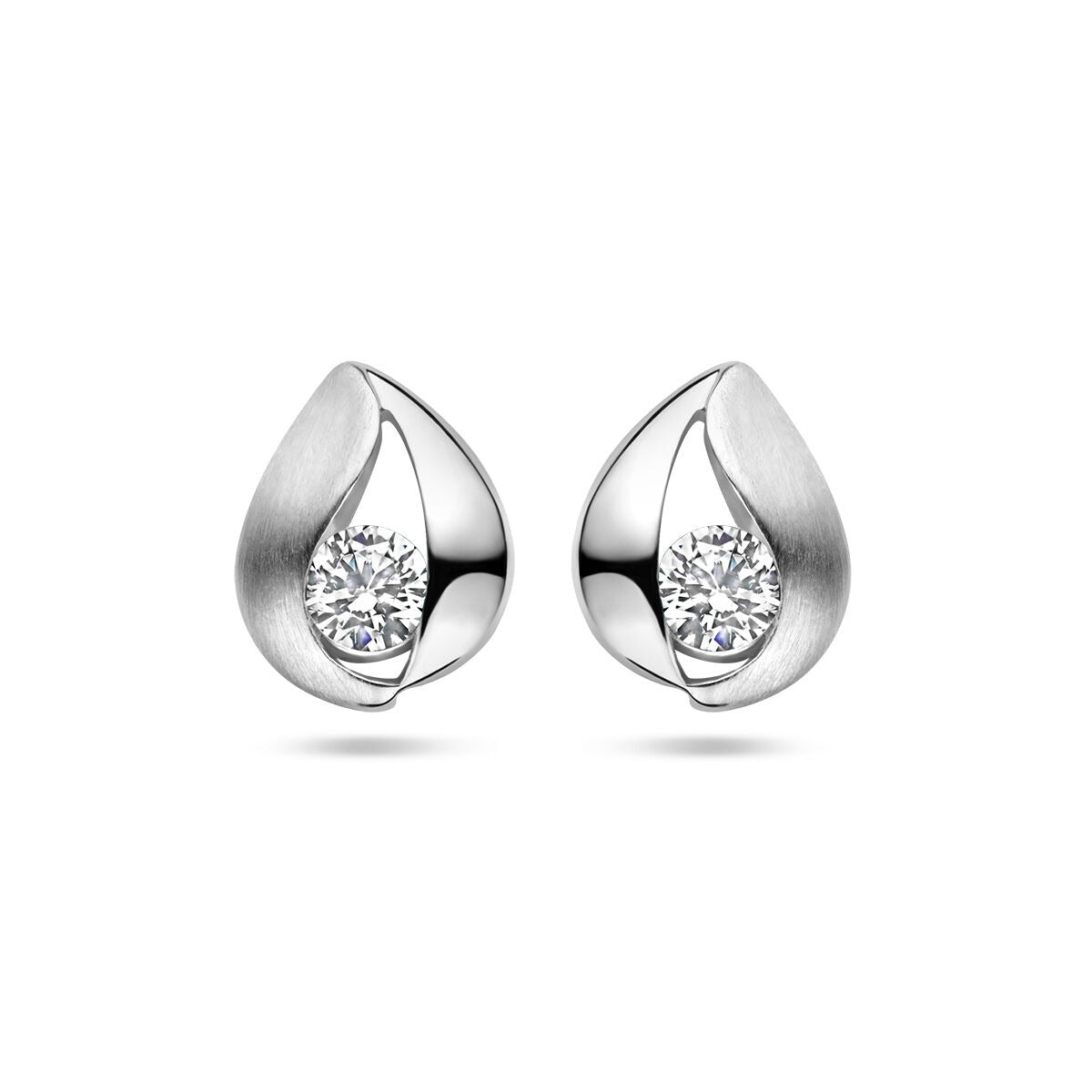 Ohrstecker aus rhodiniertem 925er Silber mit Zirkonia in Tropfenform und matter Oberfläche