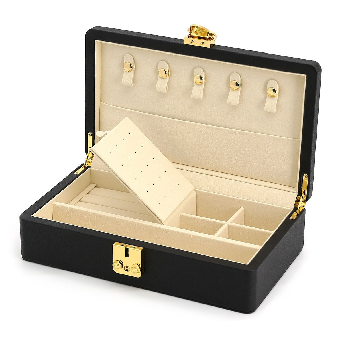 Luxuriöse schwarze Schmuckschatulle mit goldfarbenen Details – kompakt & stilvoll