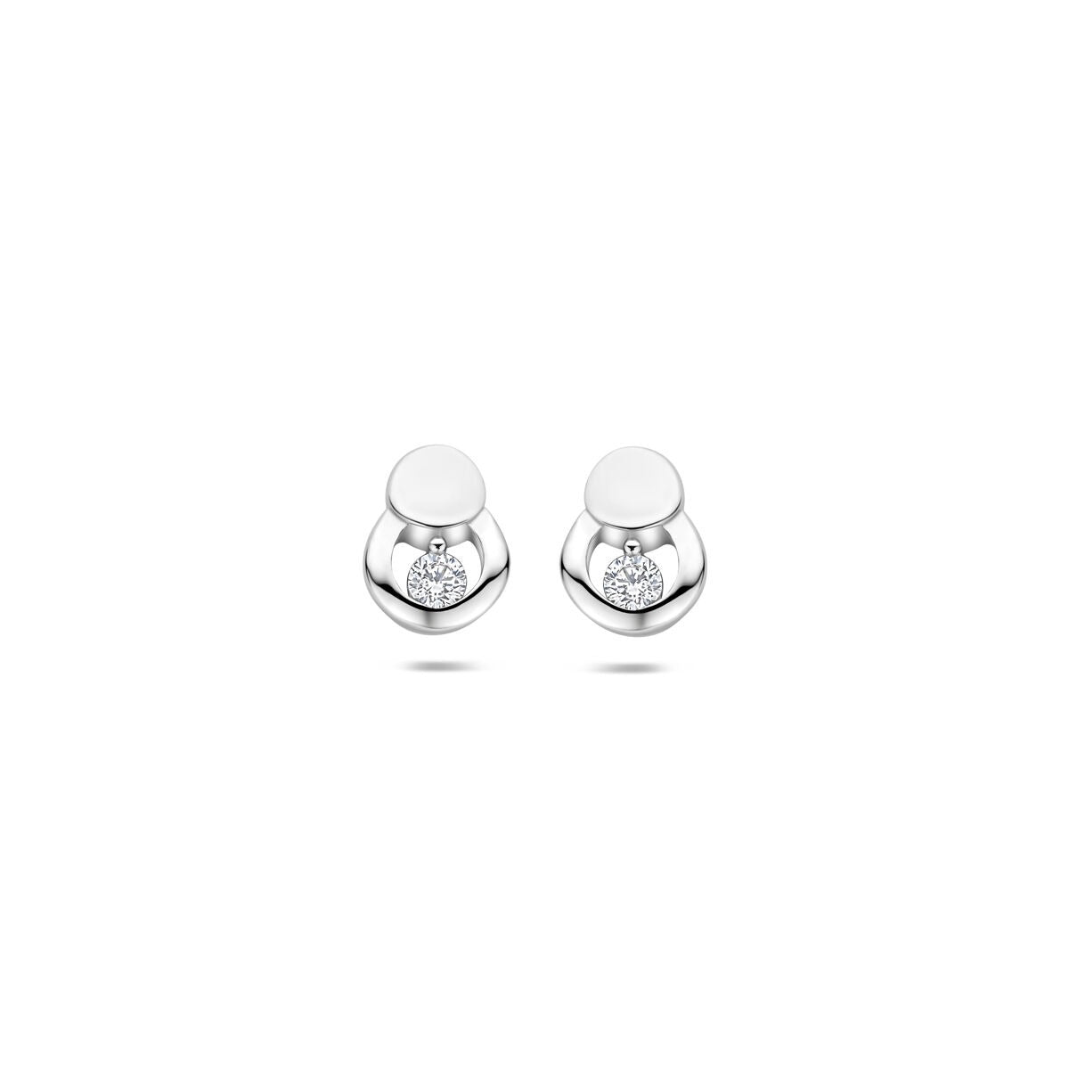 Silberne Ohrstecker mit Zirkonia, rhodiniert, runde Form und glänzende Oberfläche
