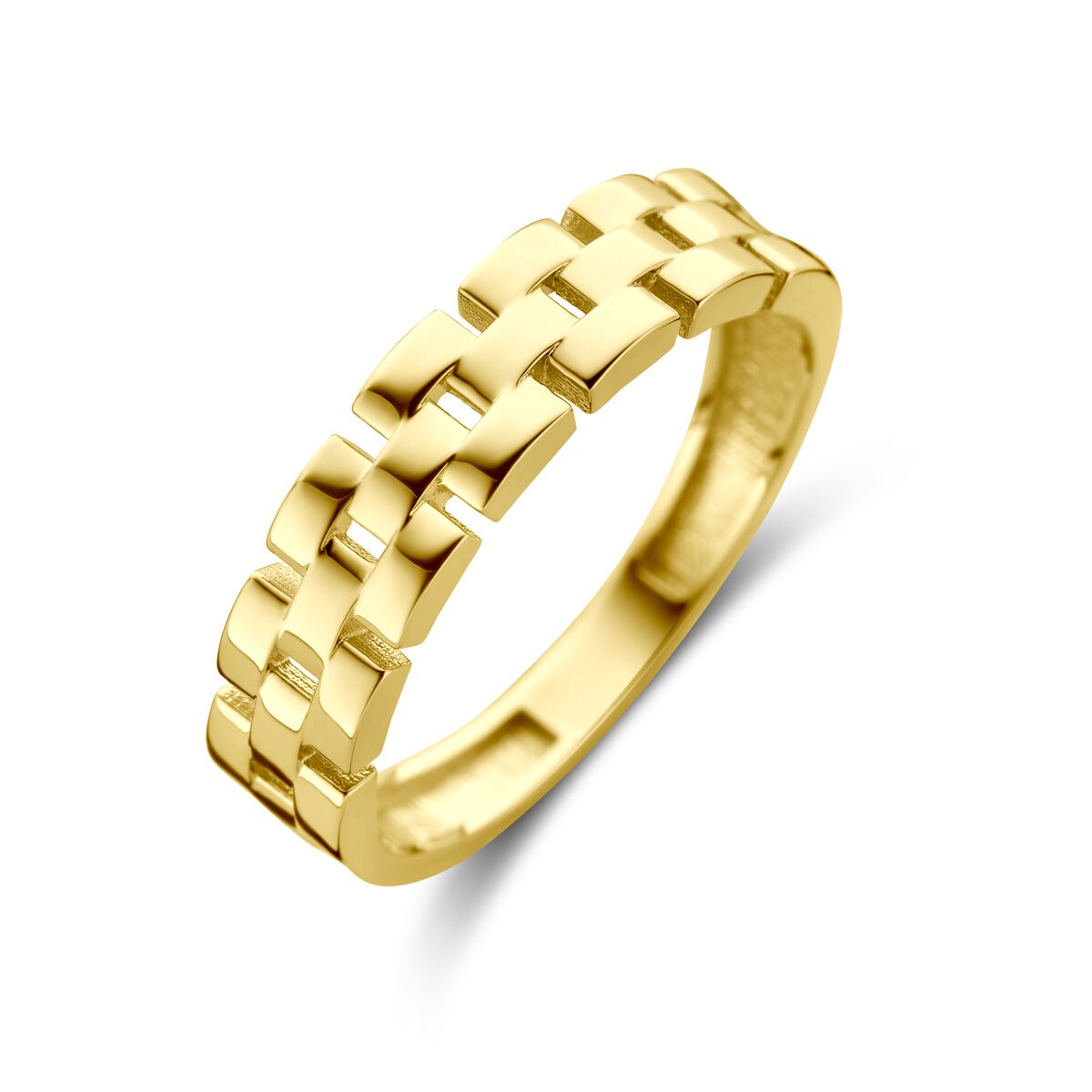 Damenring aus 9k Gelbgold mit schickem Schakelmotif, 4,5 mm breit