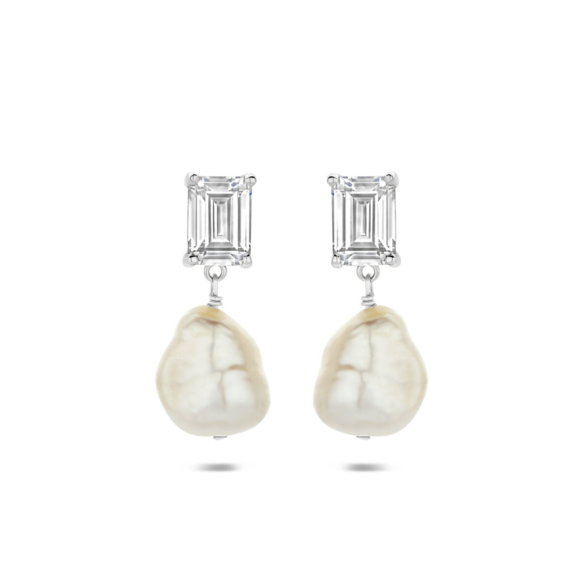 925 Silberne Ohrhänger mit einer weißen Perle und rechteckigen Zirkonia-Steinen