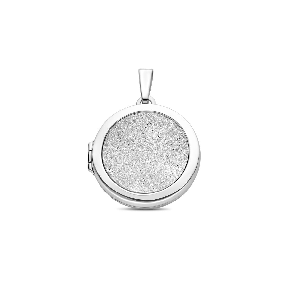 Rundes, gerhodiniertes Medaillon aus 925 Silber mit glitzernder, diamantierter Oberfläche