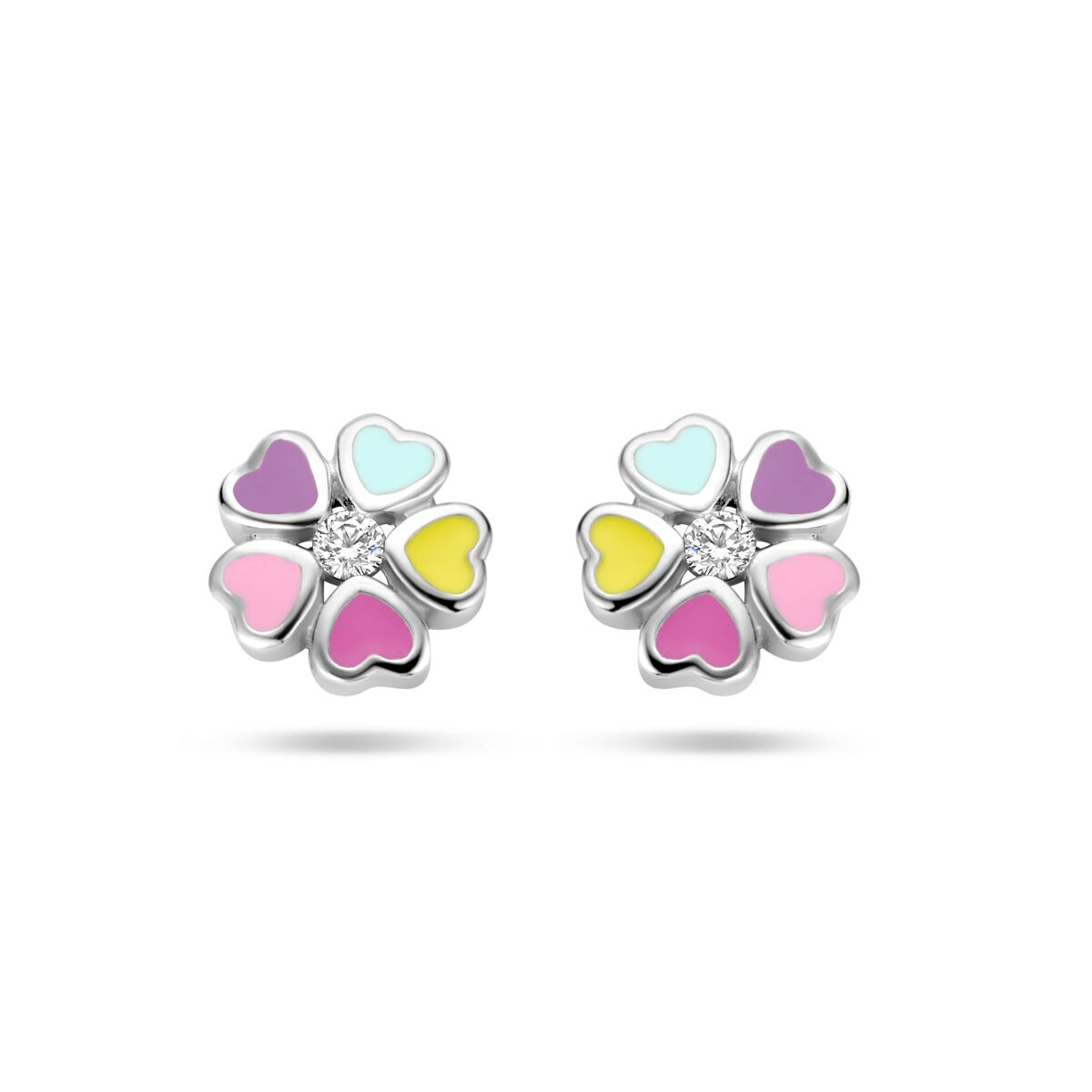 Ohrstecker in Blumenform aus rhodiniertem Silber mit bunten Herzen und Zirkonia in der Mitte