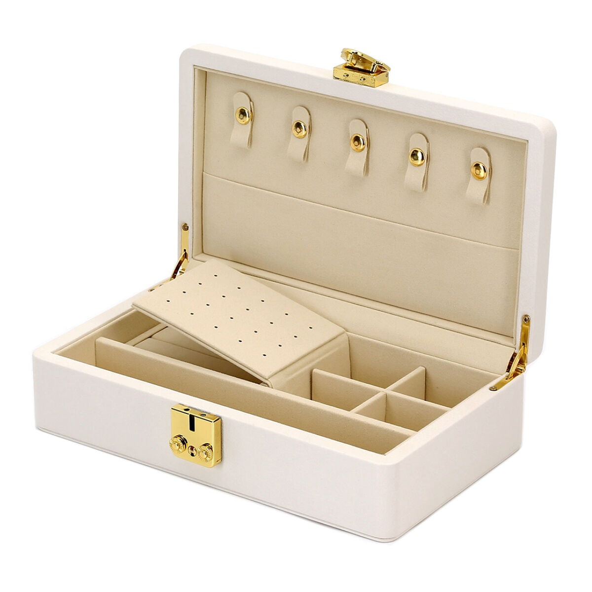 Luxuriöse Schmuckschatulle beige mit gelben Akzenten – kompakt & stilvoll
