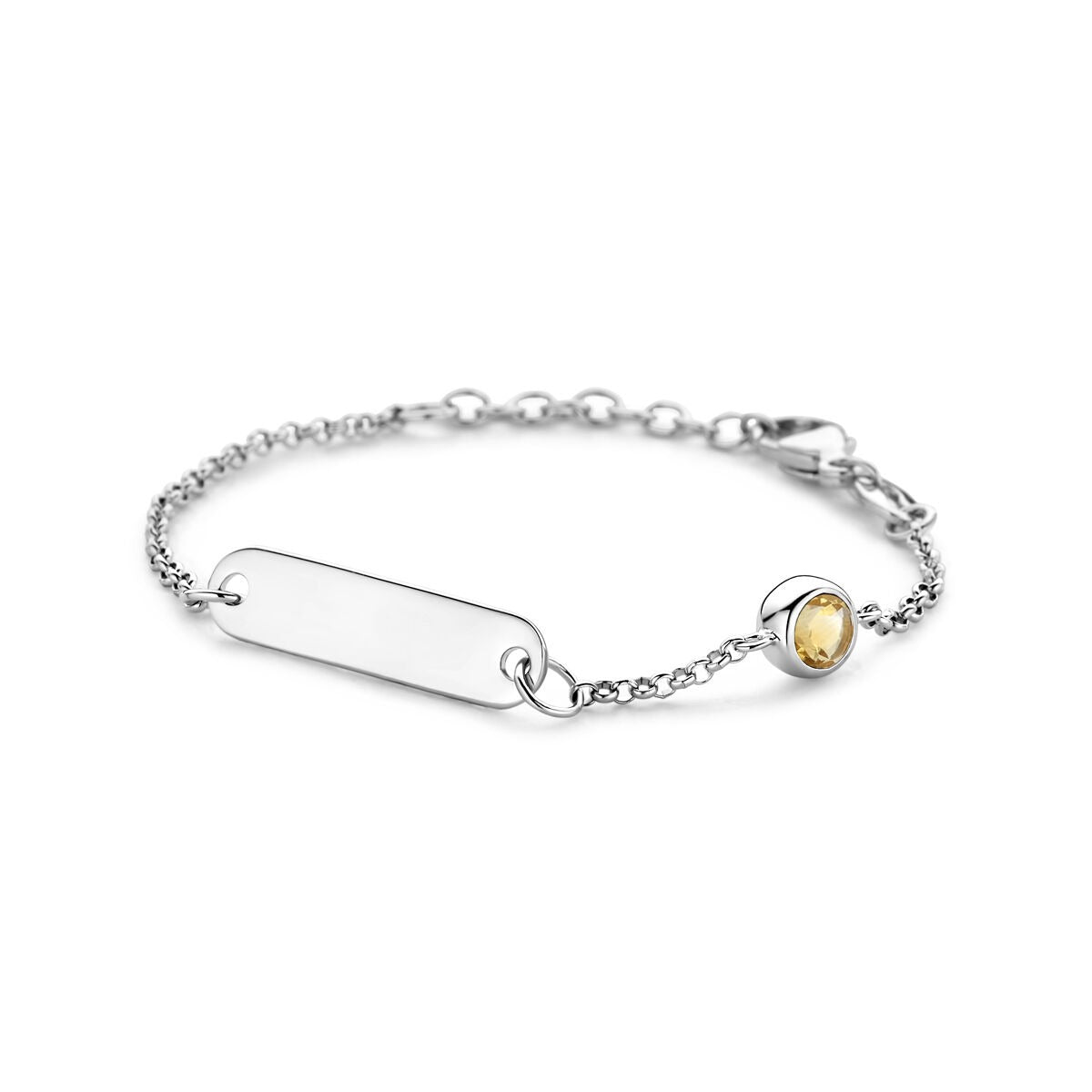 Verstellbares Kinderarmband aus rhodiniertem Silber mit gravierbarem Plättchen und gelbem Granat