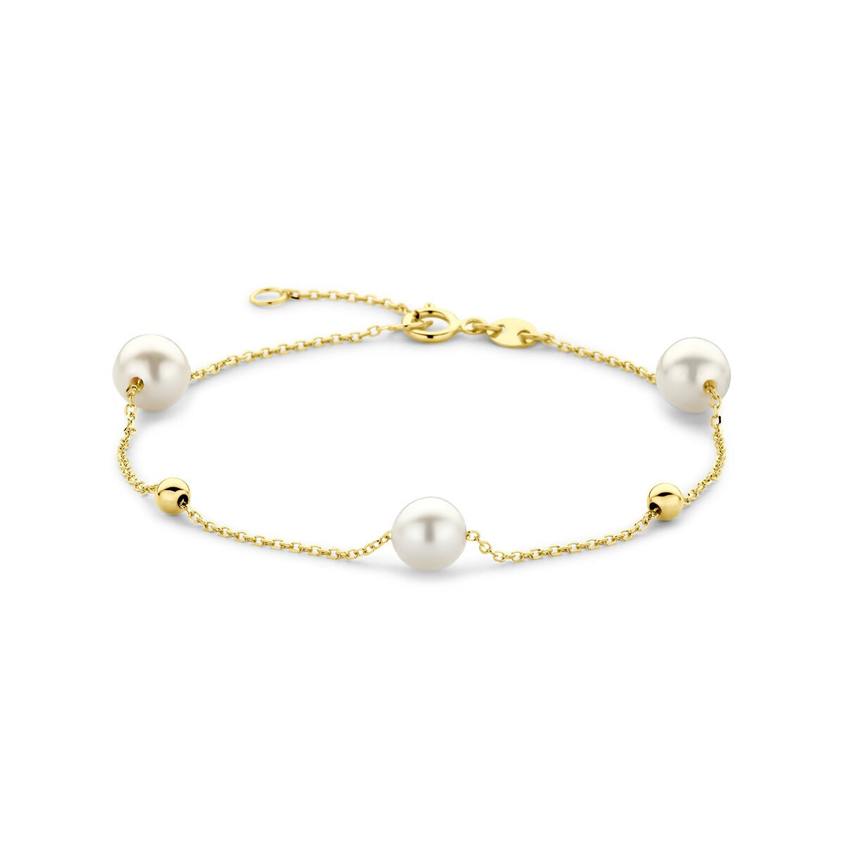 Damenarmband aus 14k Gelbgold mit Perlen und goldenen Kugeln