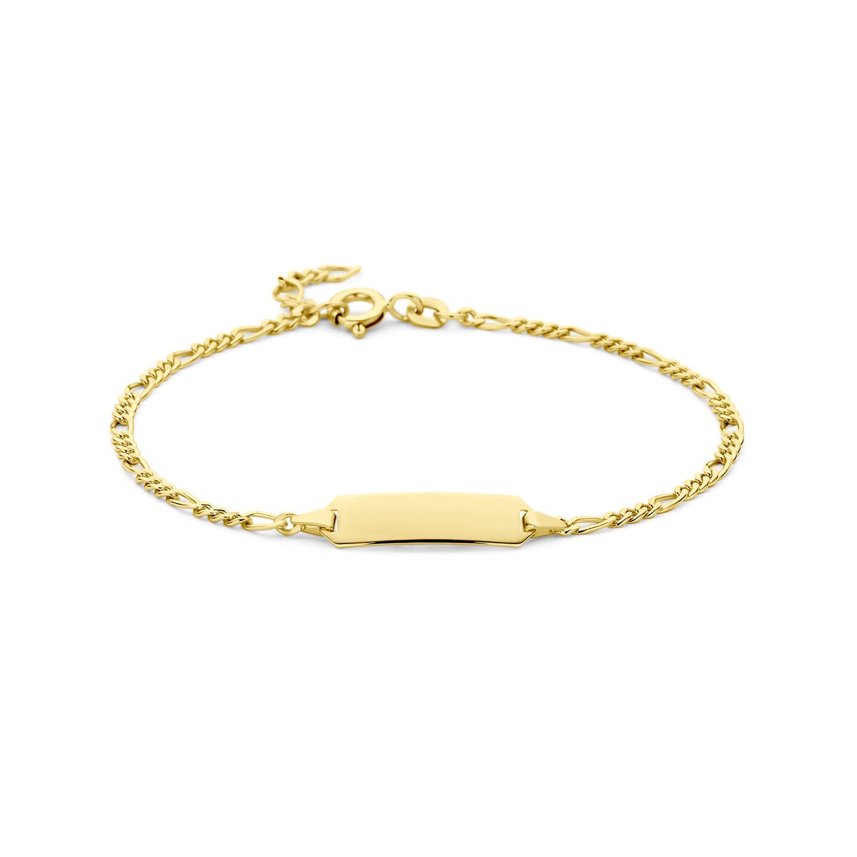 Gravurarmband aus 14k Gelbgold mit Figaro-Gliedern und 5mm Platte
