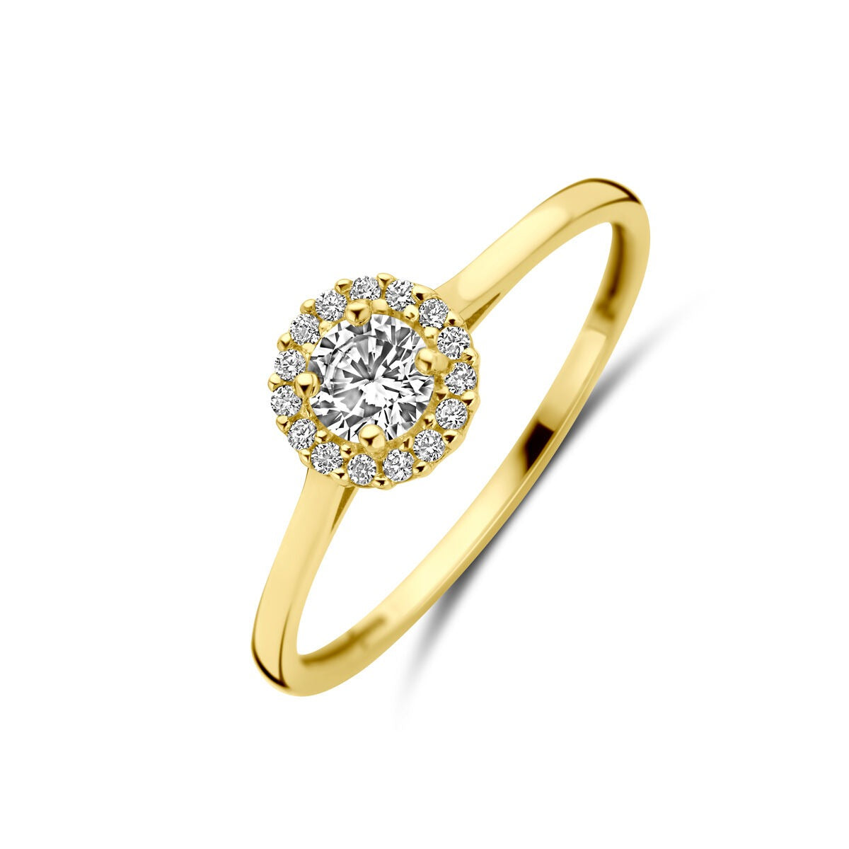 Damenring aus 14k Gelbgold mit Zirkonia in Entouragefassung und schmalem Band