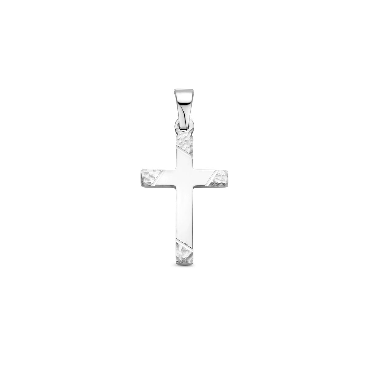Kreuzanhänger aus rhodiniertem 925 Silber mit gehämmerter, polierter und diamantierter Oberfläche