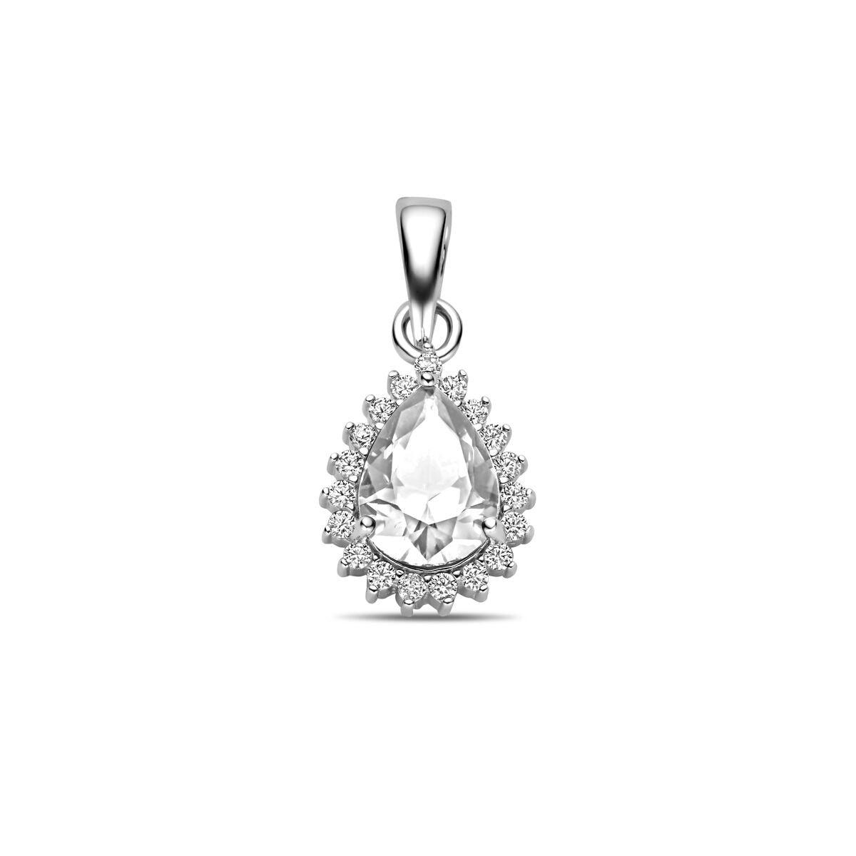 Hänger aus Silber mit tropfenförmigem Zirkonia in Krappenfassung und umlaufenden kleinen Steinchen