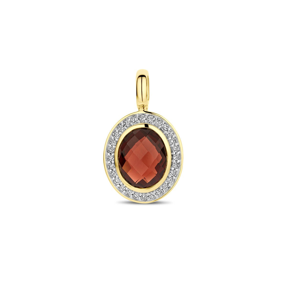 Ovaler goldener Anhänger aus 14k mit Granat und Diamanten umgeben von einer glänzenden Fassung
