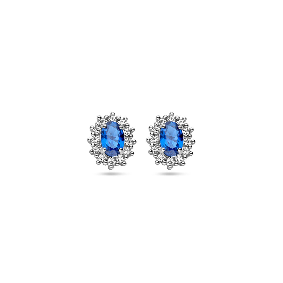 Silberne Ohrstecker mit blauem Saphir und Zirkonia, rhodiniert, ovales Design mit funkelnden Steinen