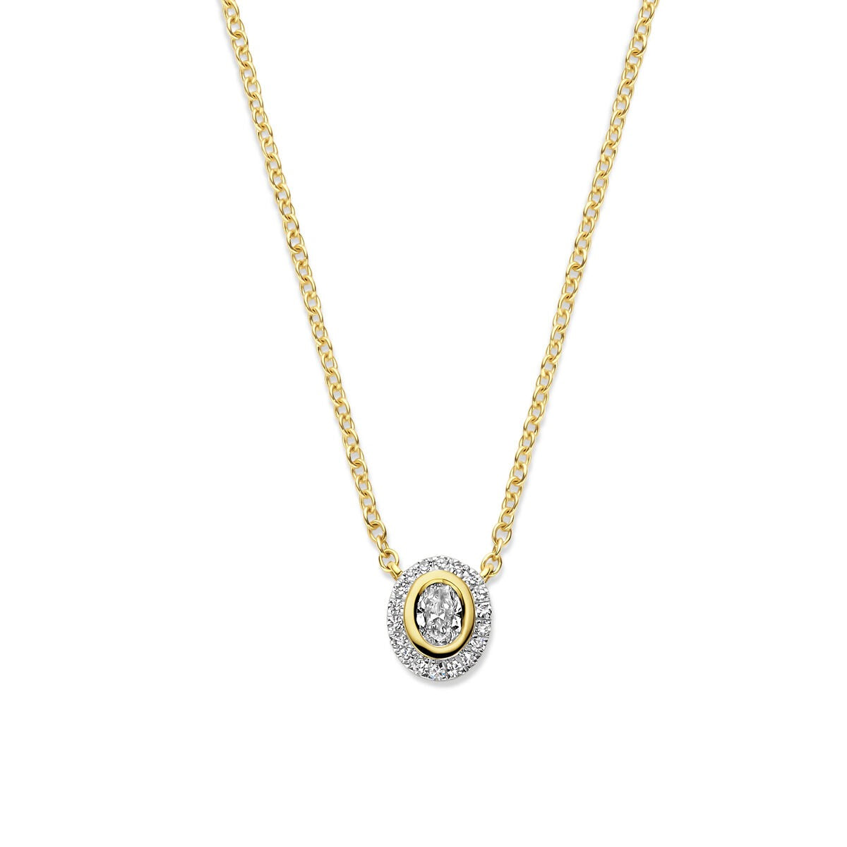 14k gelbgoldene Kette mit diamantbesetztem Anhänger in Entouragefassung und ovaler Form
