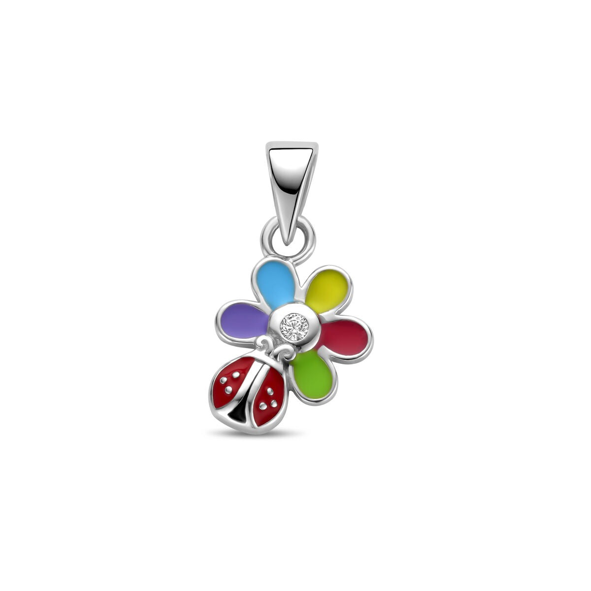 Hängender Anhänger in Form einer bunten Blume mit rotem Marienkäfer und rhodiniertem Silber