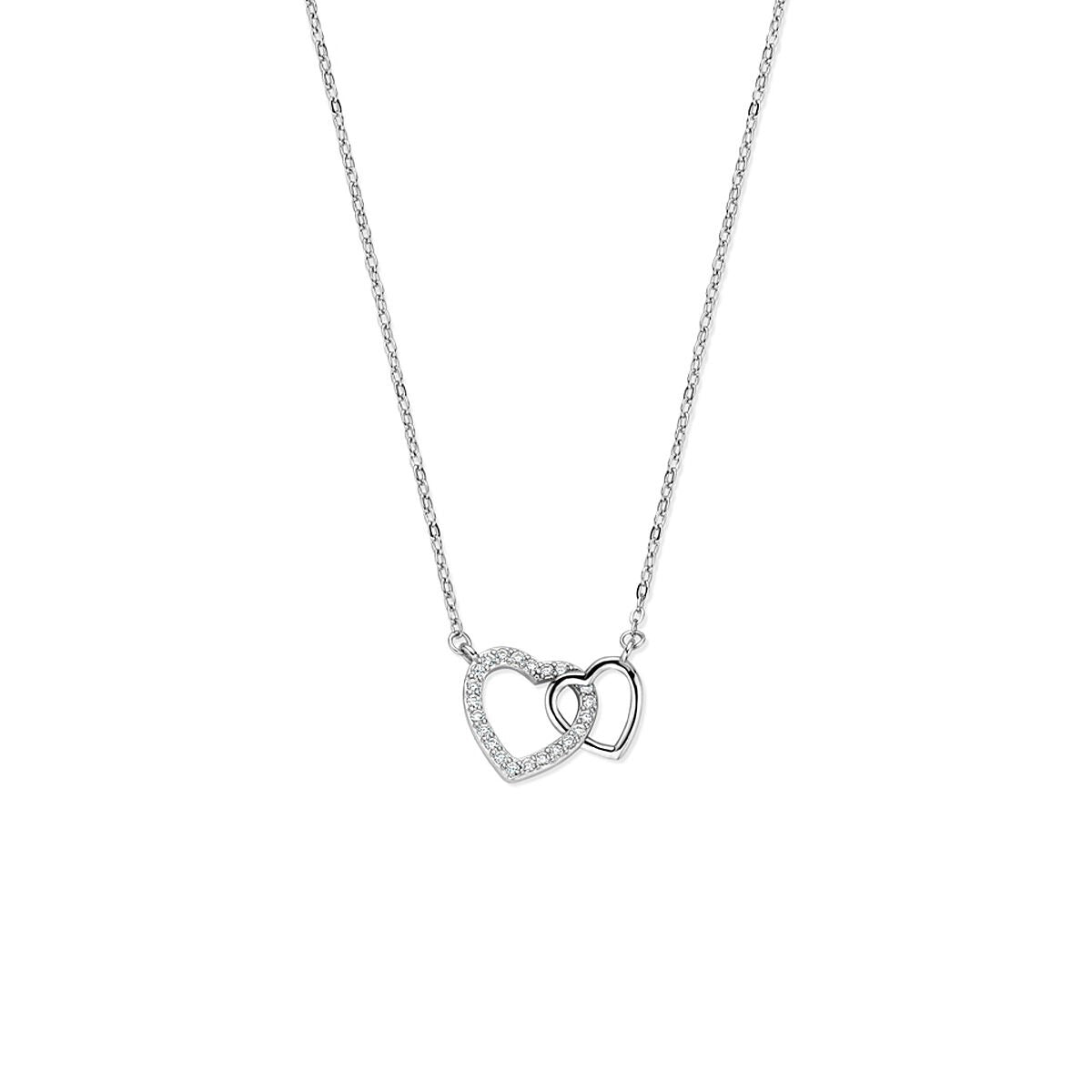 Silbernes Collier mit zwei herzförmigen Anhängern, einer mit Zirkonia-Steinen besetzt