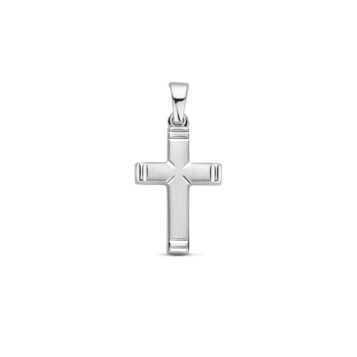 Kreuzanhänger aus rhodiniertem 925 Silber mit matter, polierter und diamantierter Oberfläche