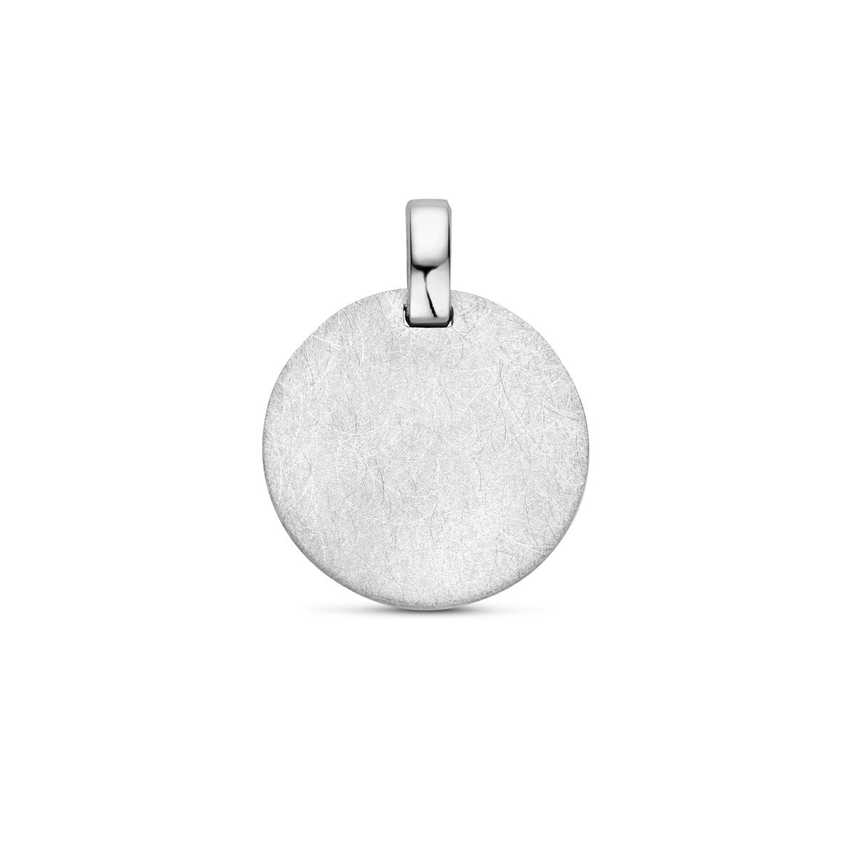 Gravuranhänger aus rhodiniertem 925 Silber mit eismattem Finish in runder Form