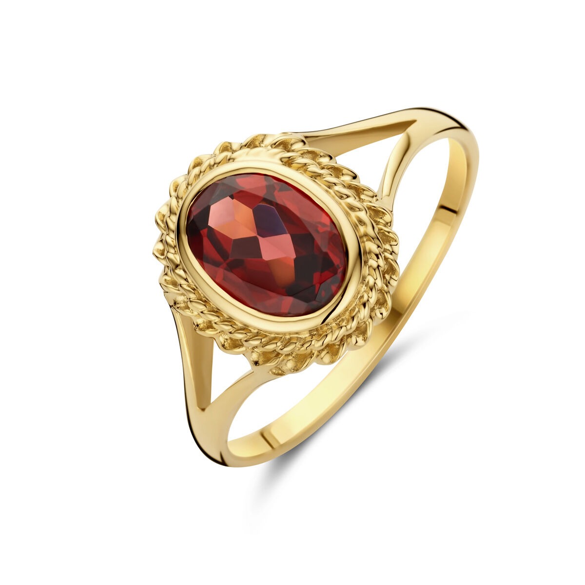 Ring aus 14k Gelbgold mit ovalem, facettiertem Granat und dekorativer Fassung