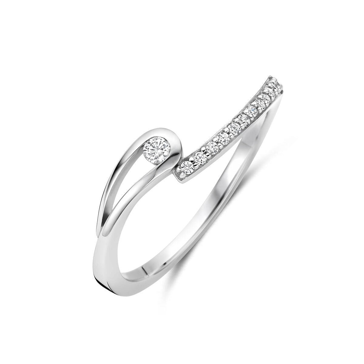 Silberner Damenring aus rhodiniertem 925 Silber mit Zirkonia in einer modernen Entourage-Setting