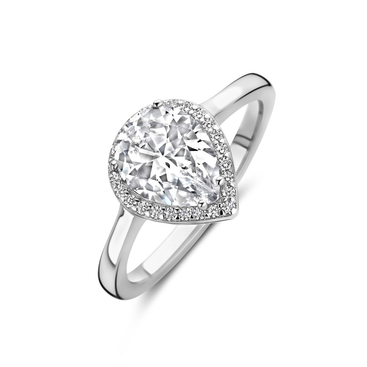 Ring aus rhodiniertem Silber mit einem tropfenförmigen Zirkonia und kleinen, funkelnden Steinen am Rand
