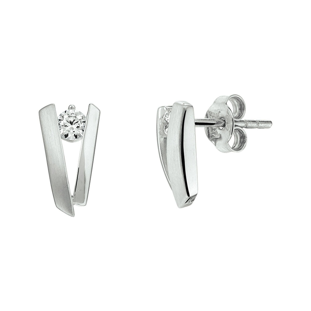Ohrstecker aus rhodiniertem Silber mit Zirkonia, in V-Form und glänzender Oberfläche