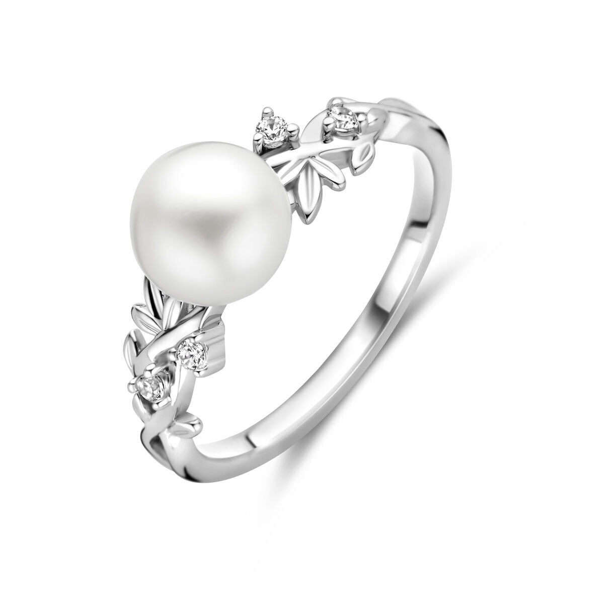 Ring aus rhodiniertem 925 Silber mit einer Süßwasserperle und Zirkonia-Steinen