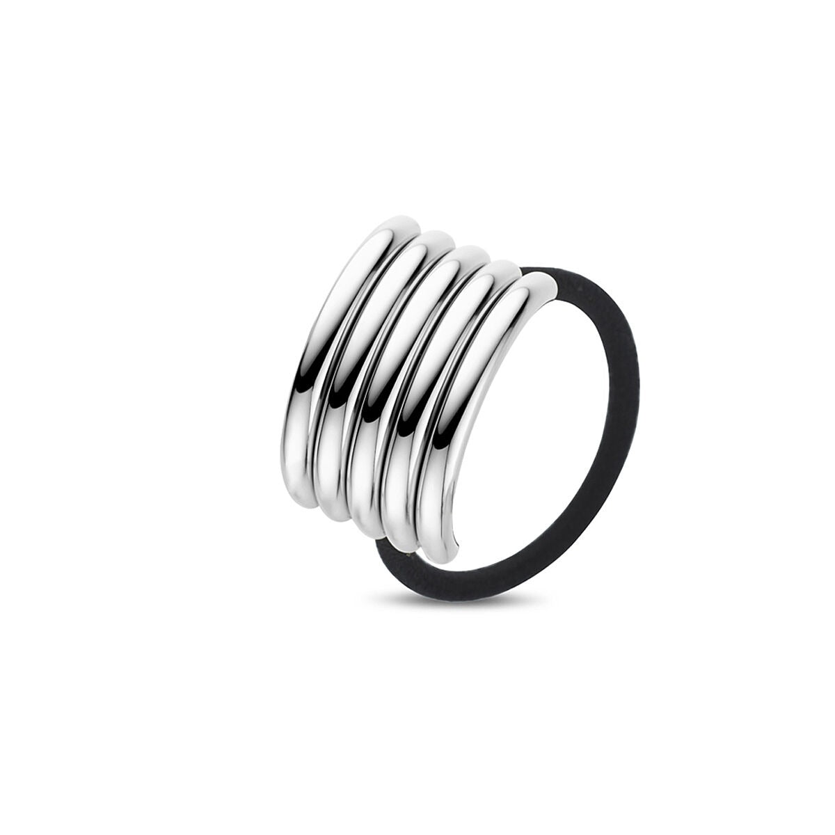 Zilberner Haar-Cuff für Damen mit vier glänzenden Ringen und schwarzem Gummiband