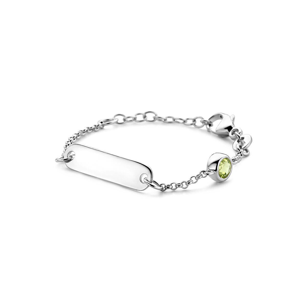 Gerhodineerte Silberne Kinder-Graveurarmband mit grünem Edelstein und verstellbarer Kette von 9–11 cm