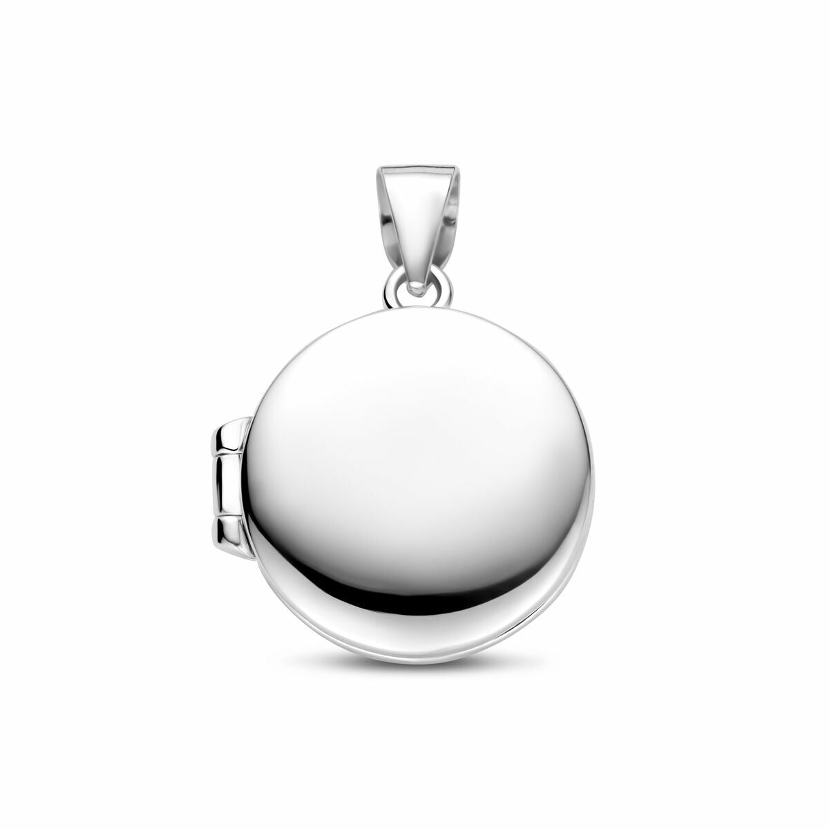 Rundes, rhodiniertes Medaillon aus Silber mit glänzender Oberfläche und Klappverschluss