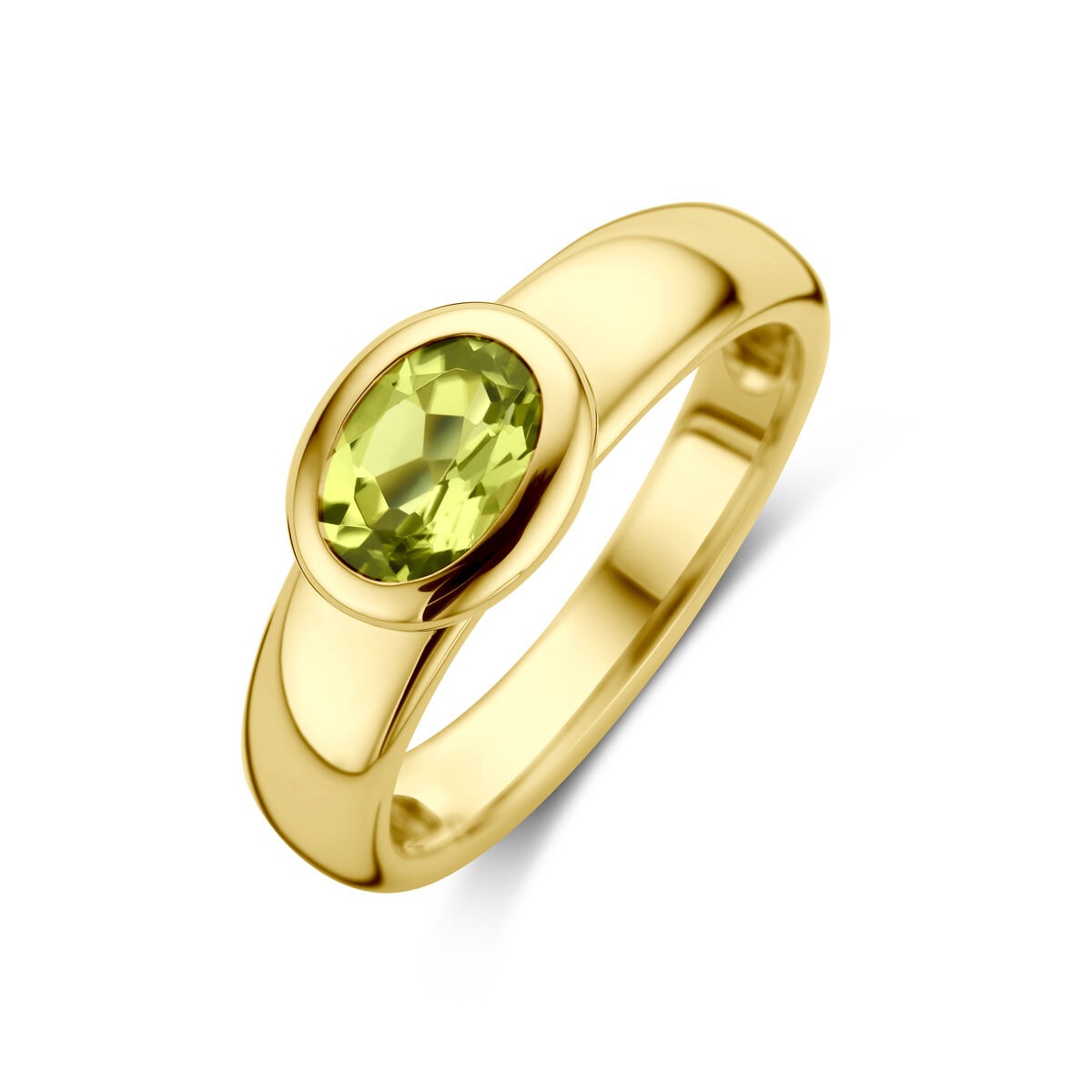 Ring aus 14k Gelbgold mit ovalem Peridot in der Zierfassung 7,5x9mm